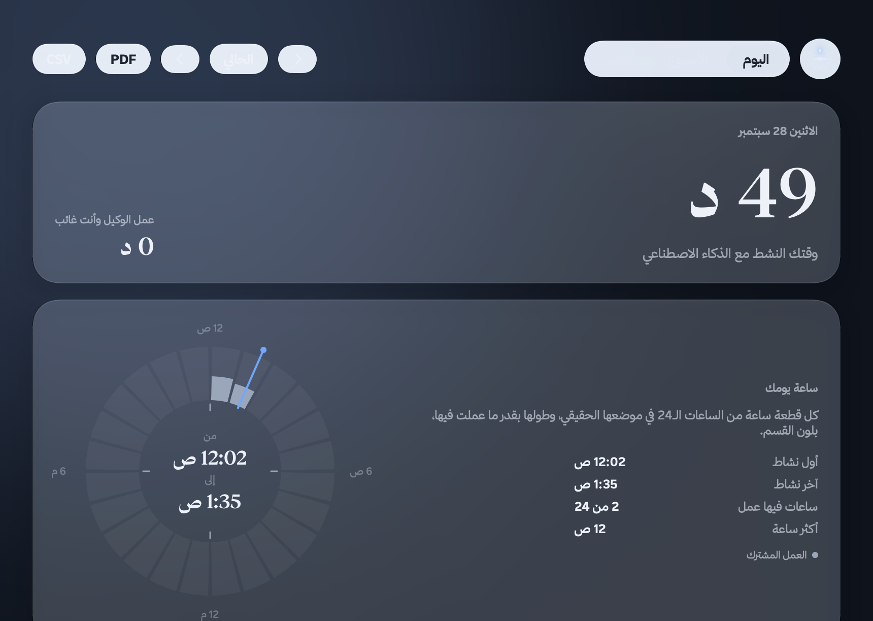 نافذة الإحصائيات: الوقت النشط وساعة يومك